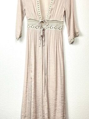 Rebellion Again Boho Kimono Duster Coverup Lace Detail Beige Women's Size XS